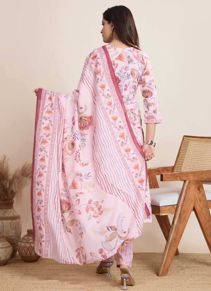 Baby Pink Printed Cotton Blend Salwar Suit for Festive Occasions