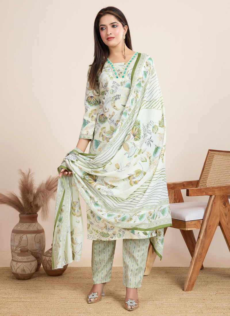 Off White Printed Cotton Blend Salwar Suit for Festive Wear