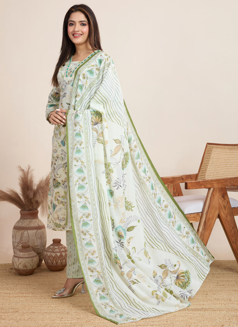 Off White Printed Cotton Blend Salwar Suit for Festive Wear