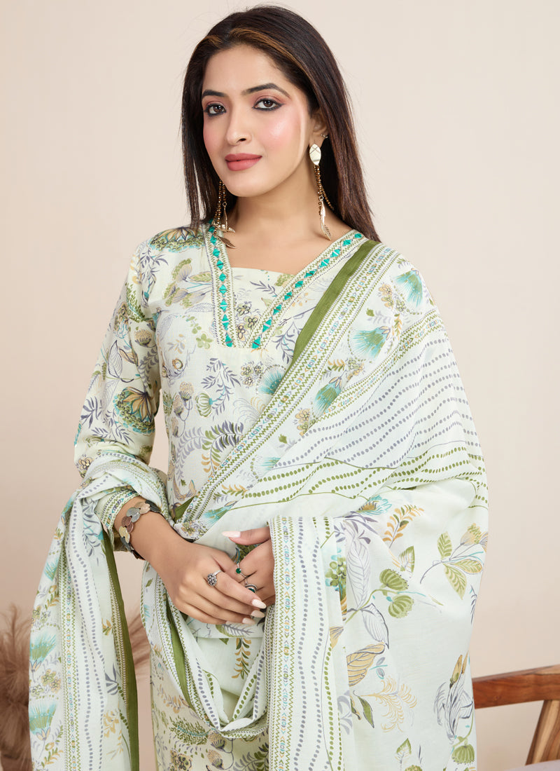 Off White Printed Cotton Blend Salwar Suit for Festive Wear