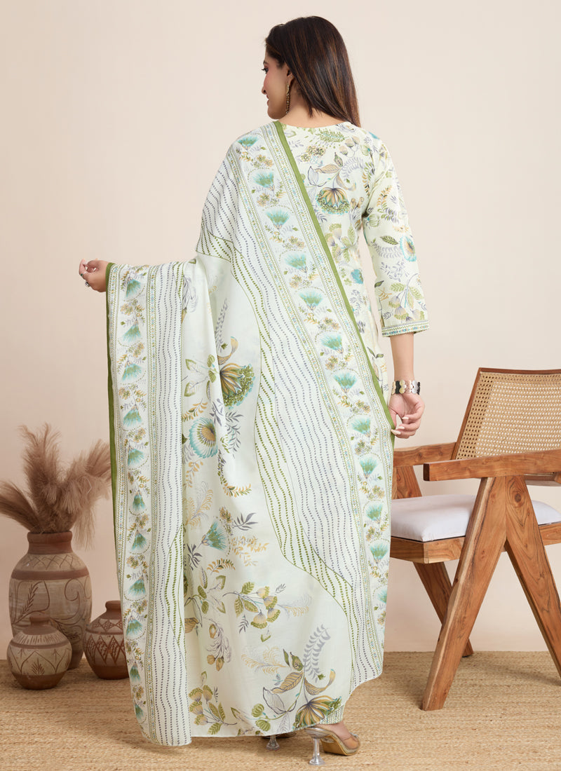 Off White Printed Cotton Blend Salwar Suit for Festive Wear