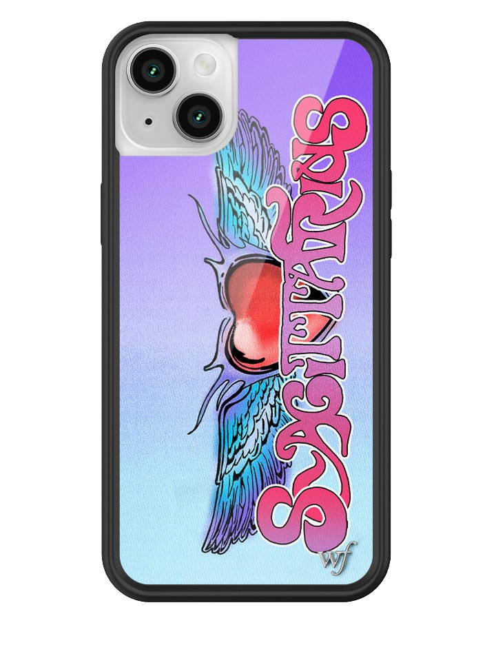 Sagittarius zodiac themed iPhone case with a heart and wings design on a blue and purple gradient background with a black rubber border