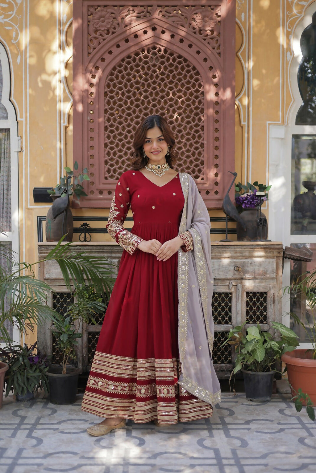 Joban Fashion Red Georgette Sequence Embroidery Work Kurta Set