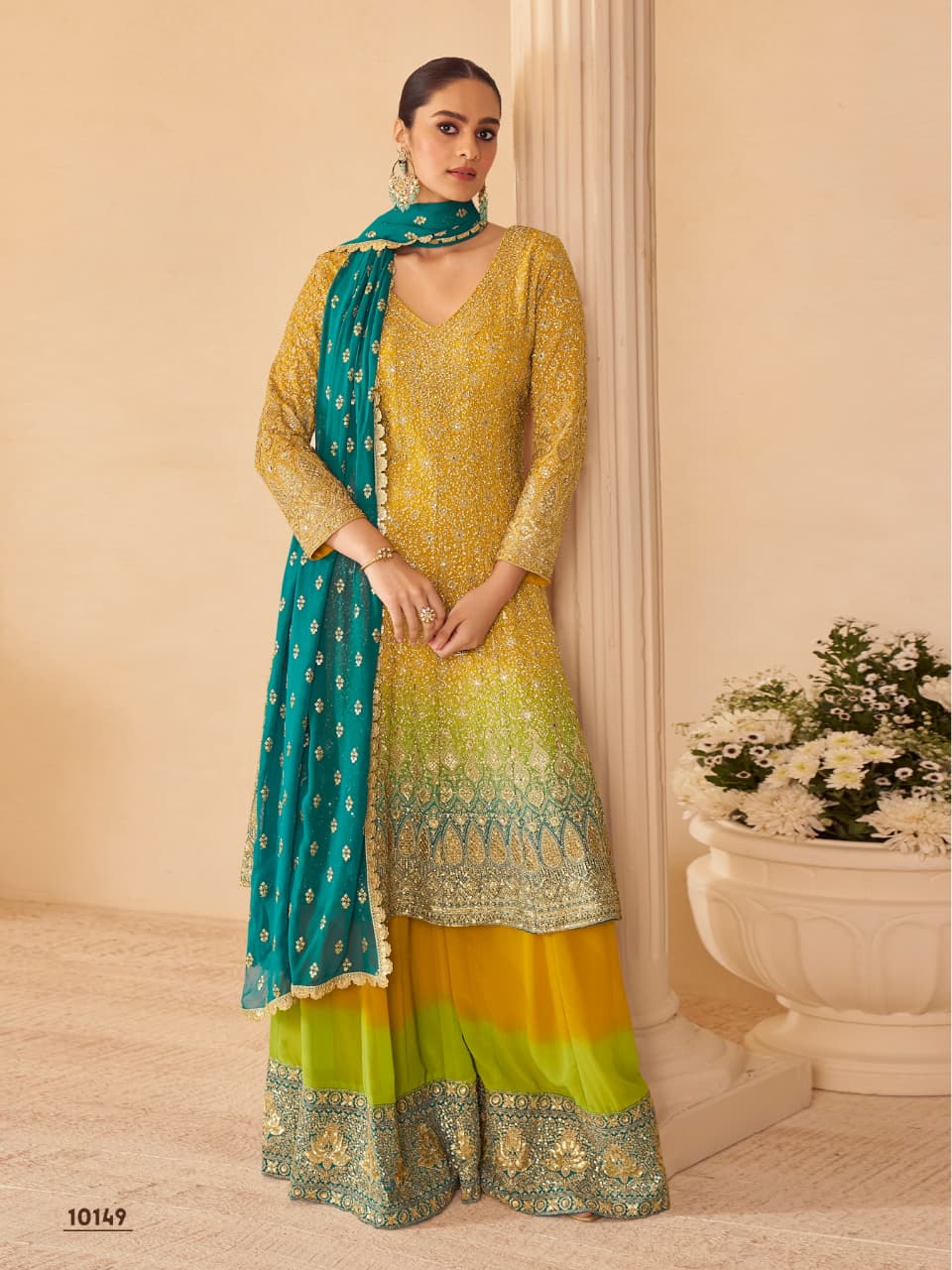 Aarshi Fashions yellow pure georgette Anarkali suit with matching bottom and dupatta