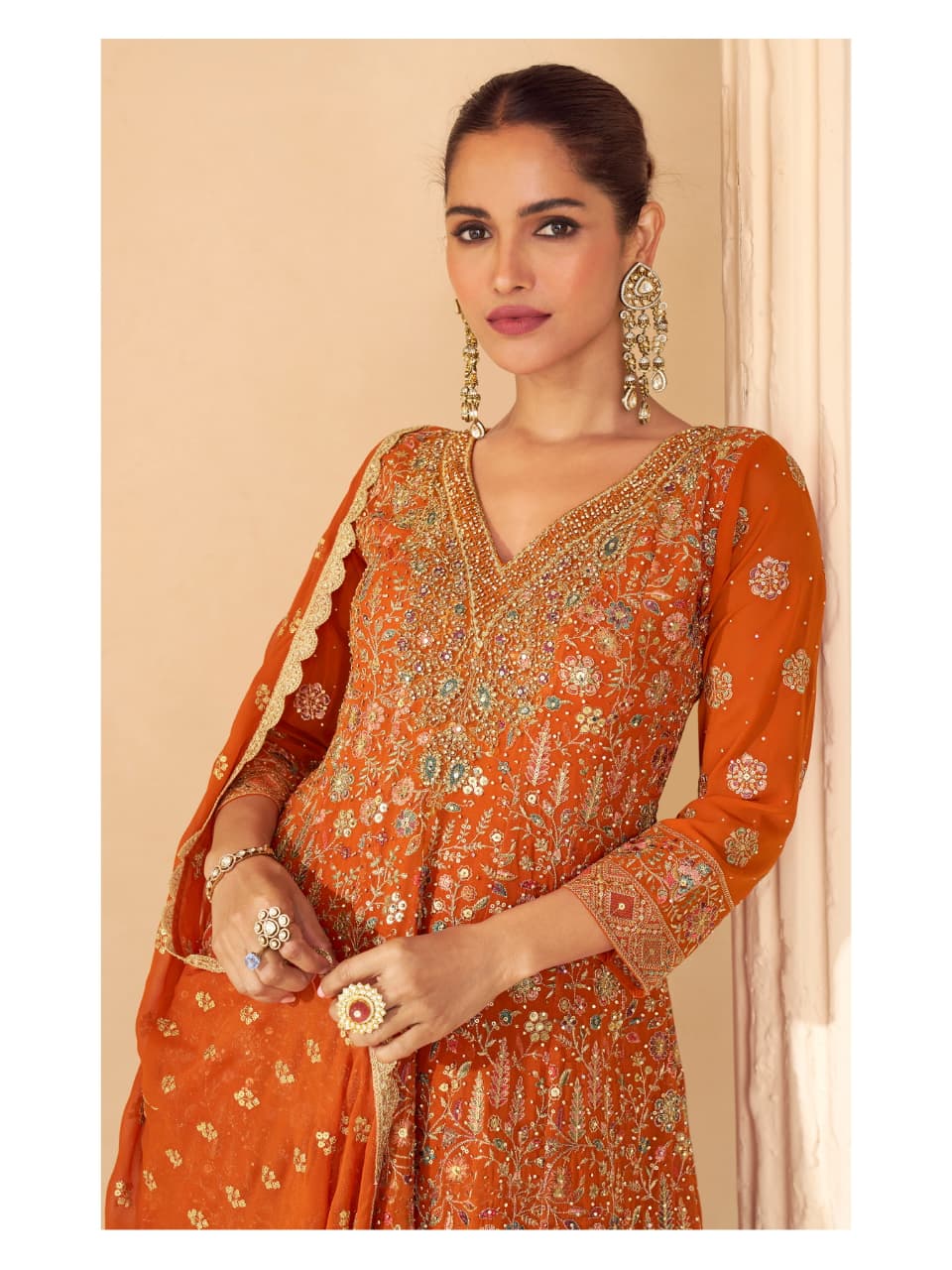 Orange Pure Georgette Anarkali Suit Set Full Stitched Ethnic Wear
