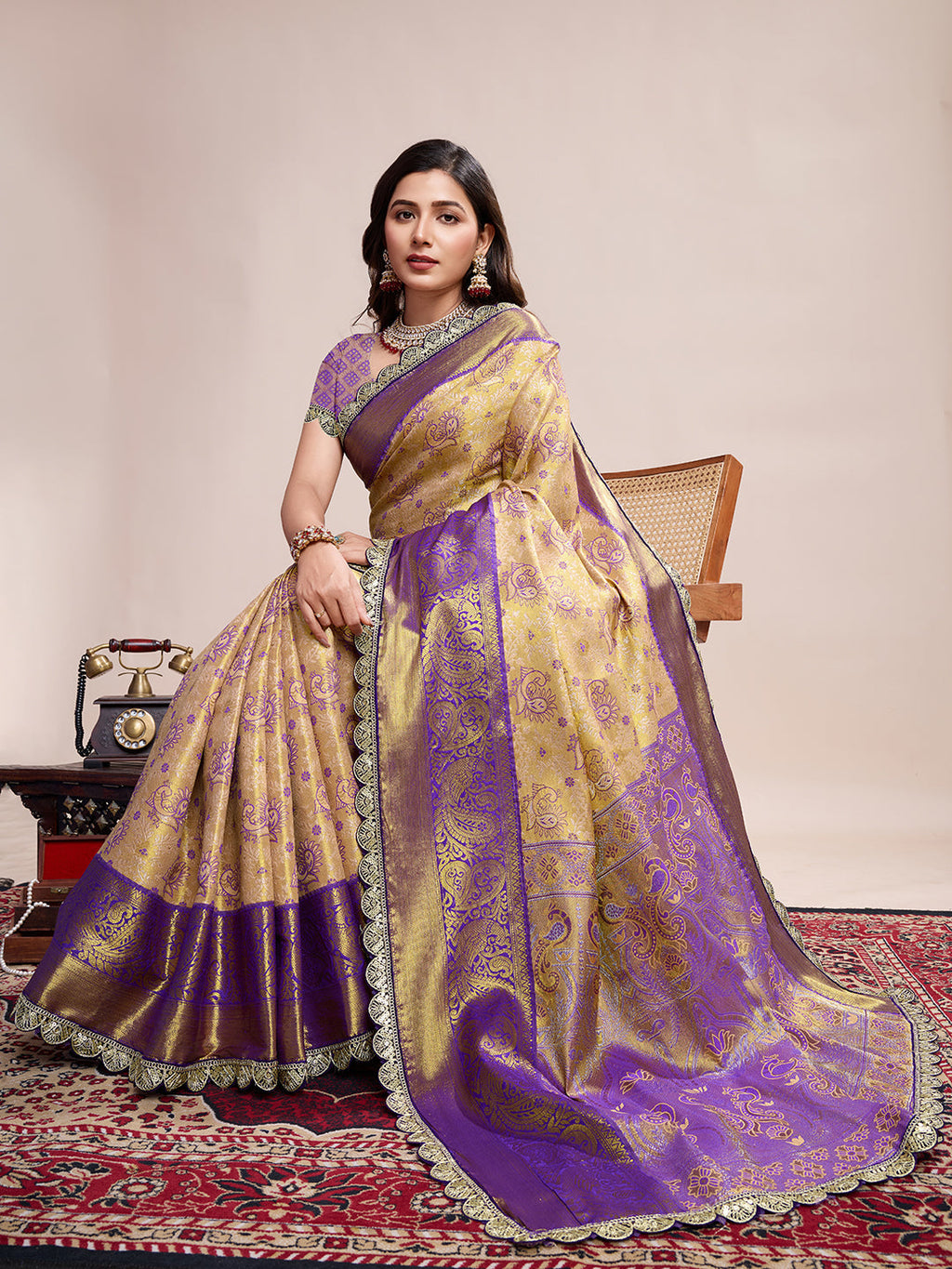 Golden Kanjivaram Silk Saree with Jari Weaving & Unstitched Blouse