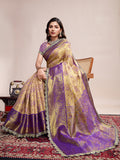 Golden Kanjivaram Silk Saree with Jari Weaving & Unstitched Blouse