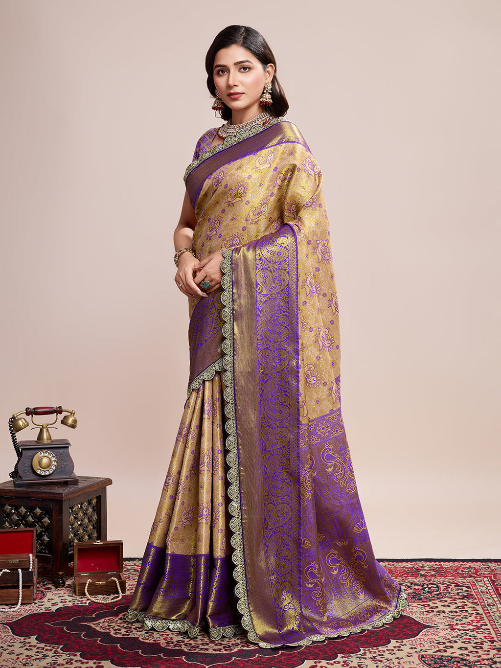 Golden Kanjivaram Silk Saree with Jari Weaving & Unstitched Blouse