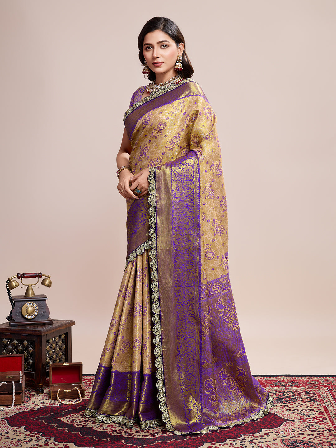 Golden Kanjivaram Silk Saree with Jari Weaving & Unstitched Blouse