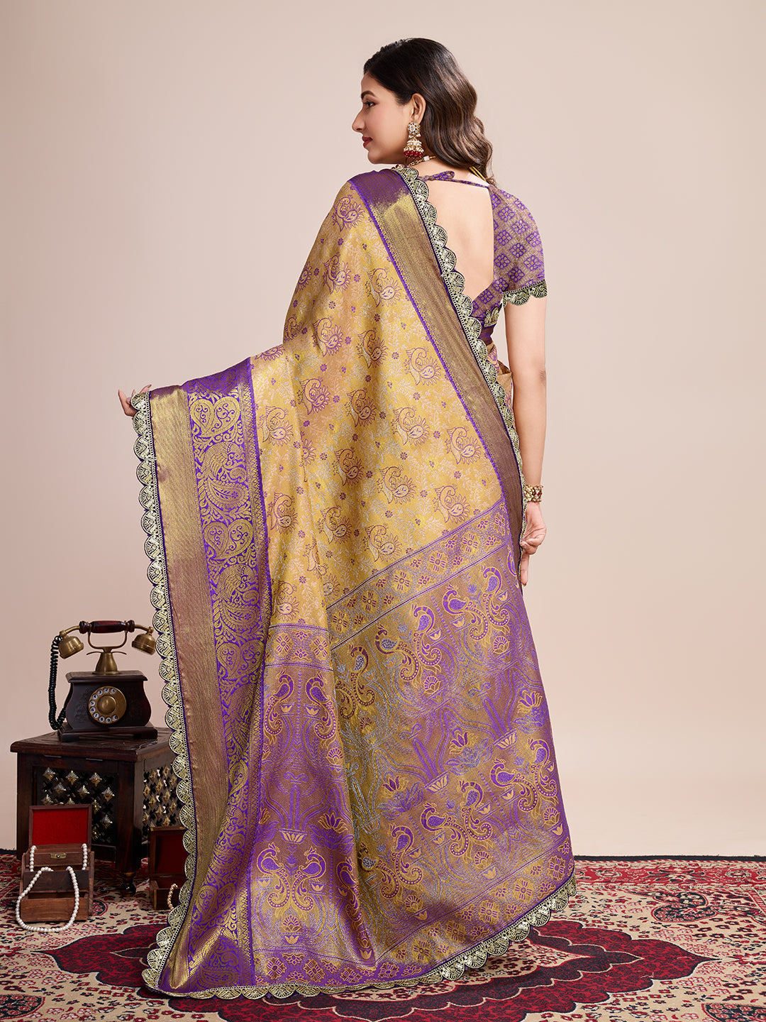 Golden Kanjivaram Silk Saree with Jari Weaving & Unstitched Blouse
