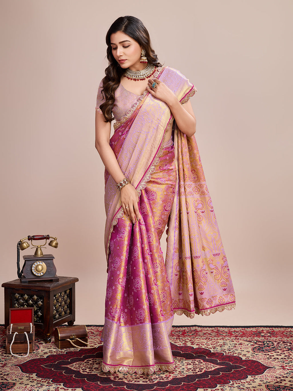 Pink Kanjivaram Silk Wedding Saree with Purple Unstitched Blouse