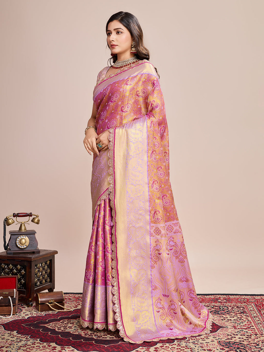 Pink Kanjivaram Silk Wedding Saree with Purple Unstitched Blouse