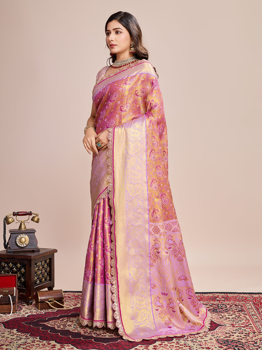 Pink Kanjivaram Silk Wedding Saree with Purple Unstitched Blouse