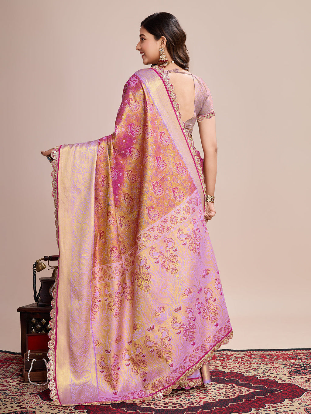 Pink Kanjivaram Silk Wedding Saree with Purple Unstitched Blouse
