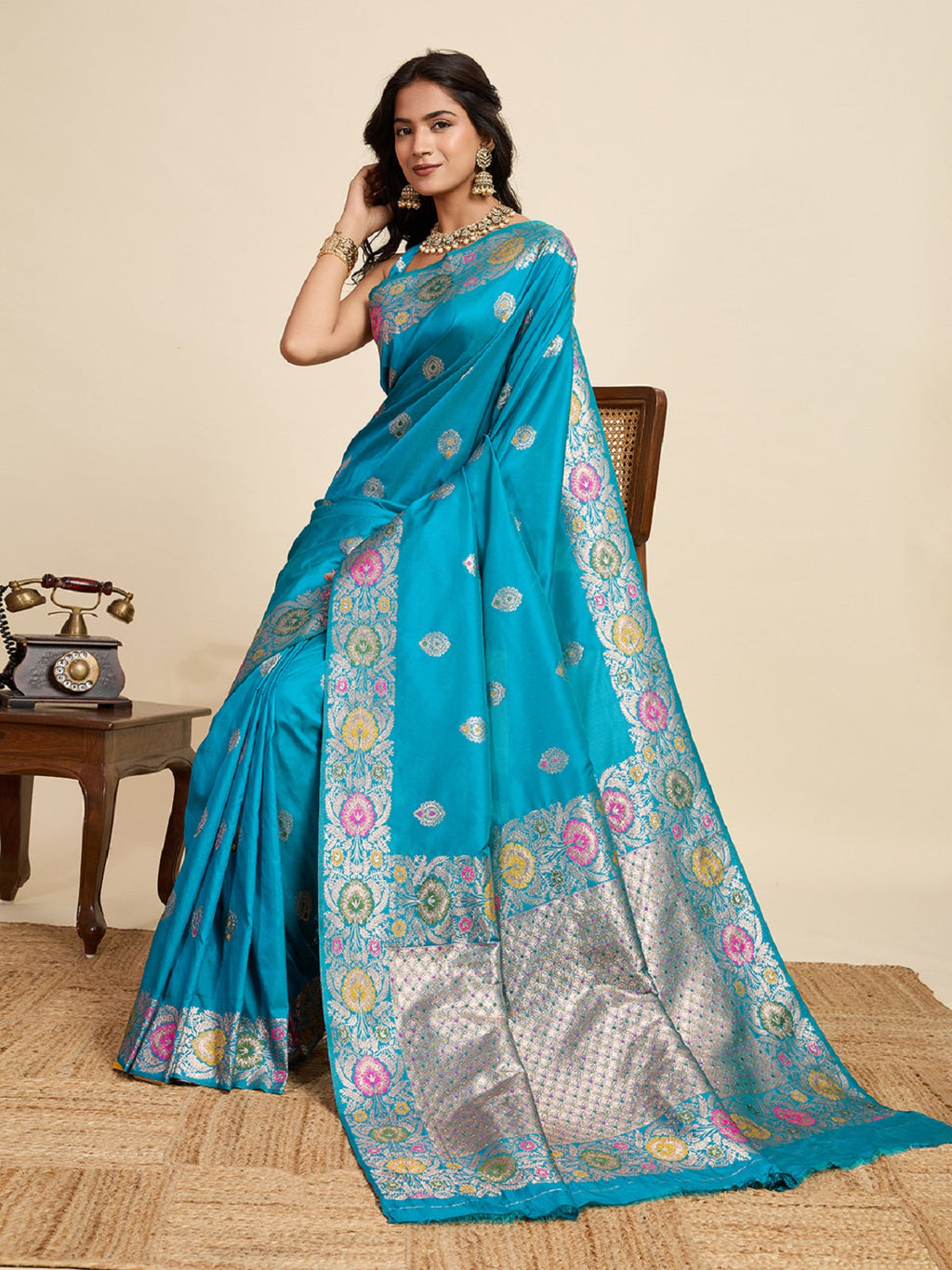 Turquoise Blue Jacquard Wedding Saree with Golden-Silver Jari