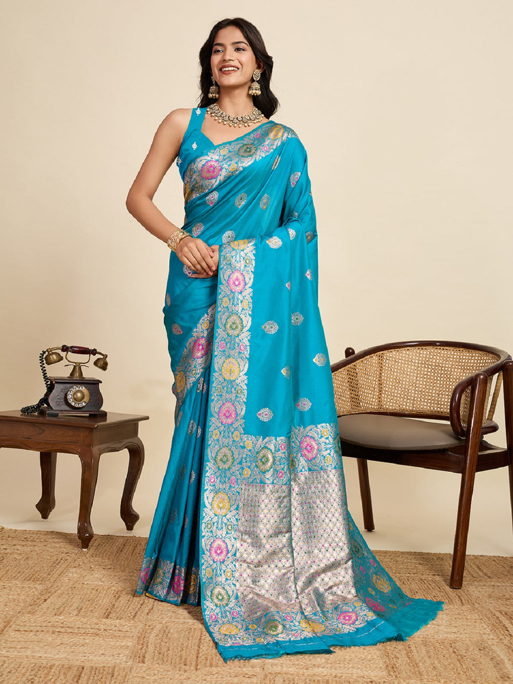 Turquoise Blue jacquard wedding saree with silver and gold jari work