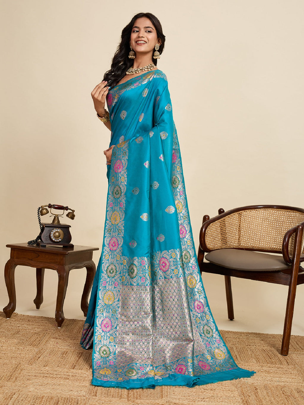 Turquoise Blue Jacquard Wedding Saree with Golden-Silver Jari
