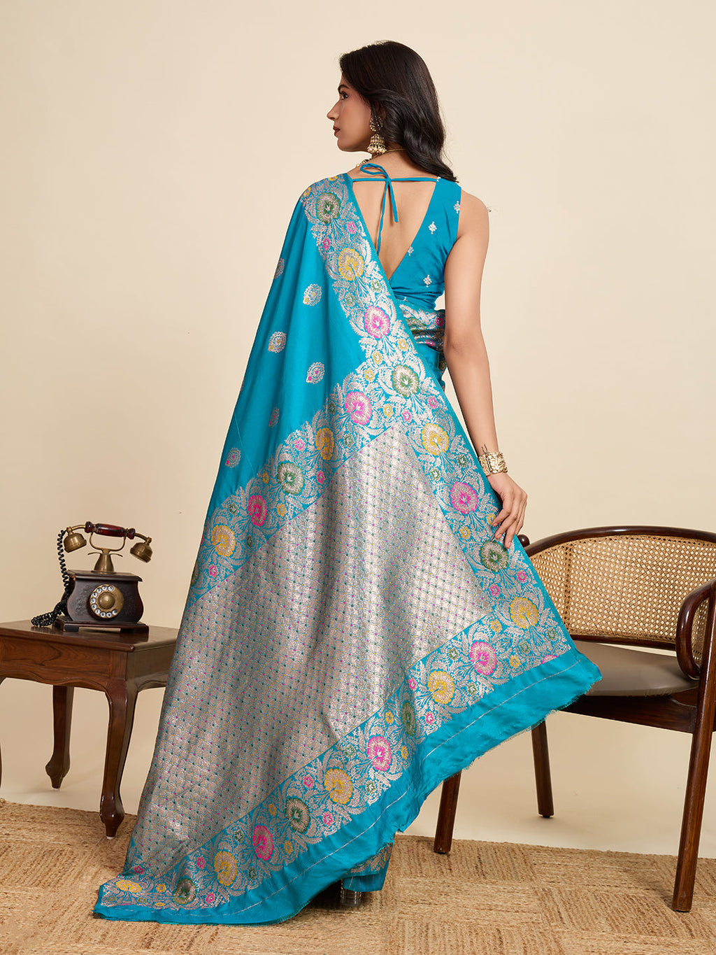 Turquoise Blue Jacquard Wedding Saree with Golden-Silver Jari