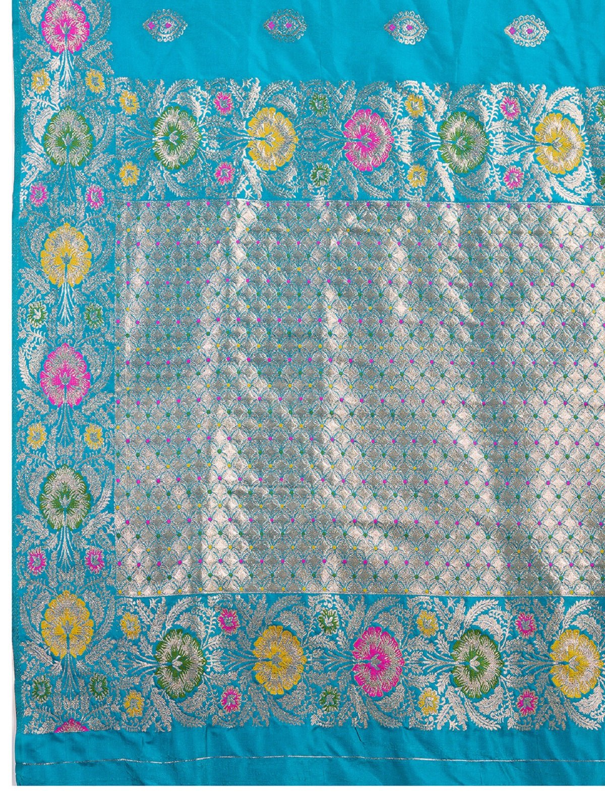 Turquoise Blue Jacquard Wedding Saree with Golden-Silver Jari