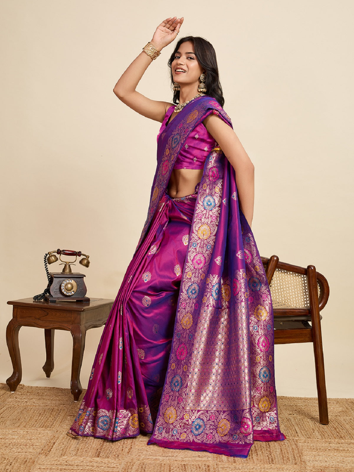 Deep Purple Jacquard Saree with Golden and Silver Jari