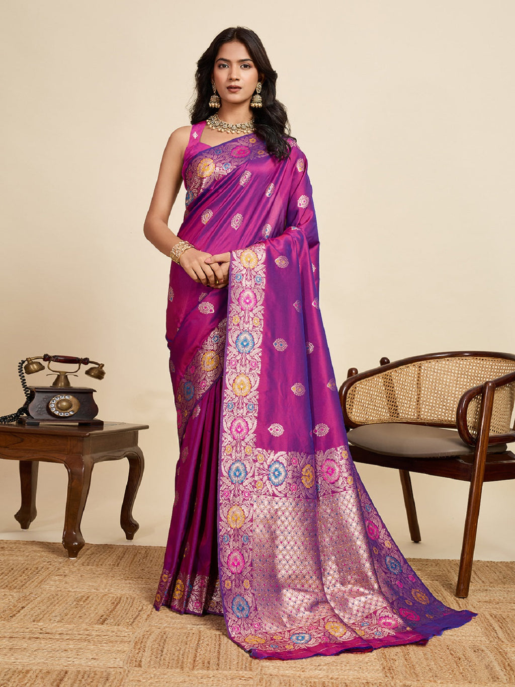 Deep Purple Jacquard wedding saree with gold and silver Jari detail