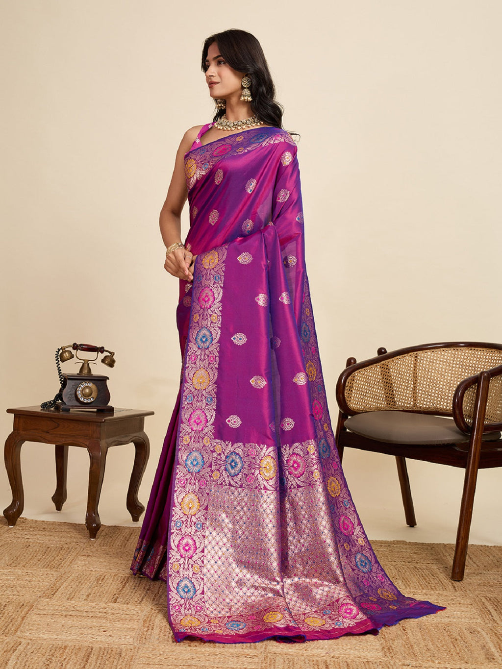 Deep Purple Jacquard Saree with Golden and Silver Jari