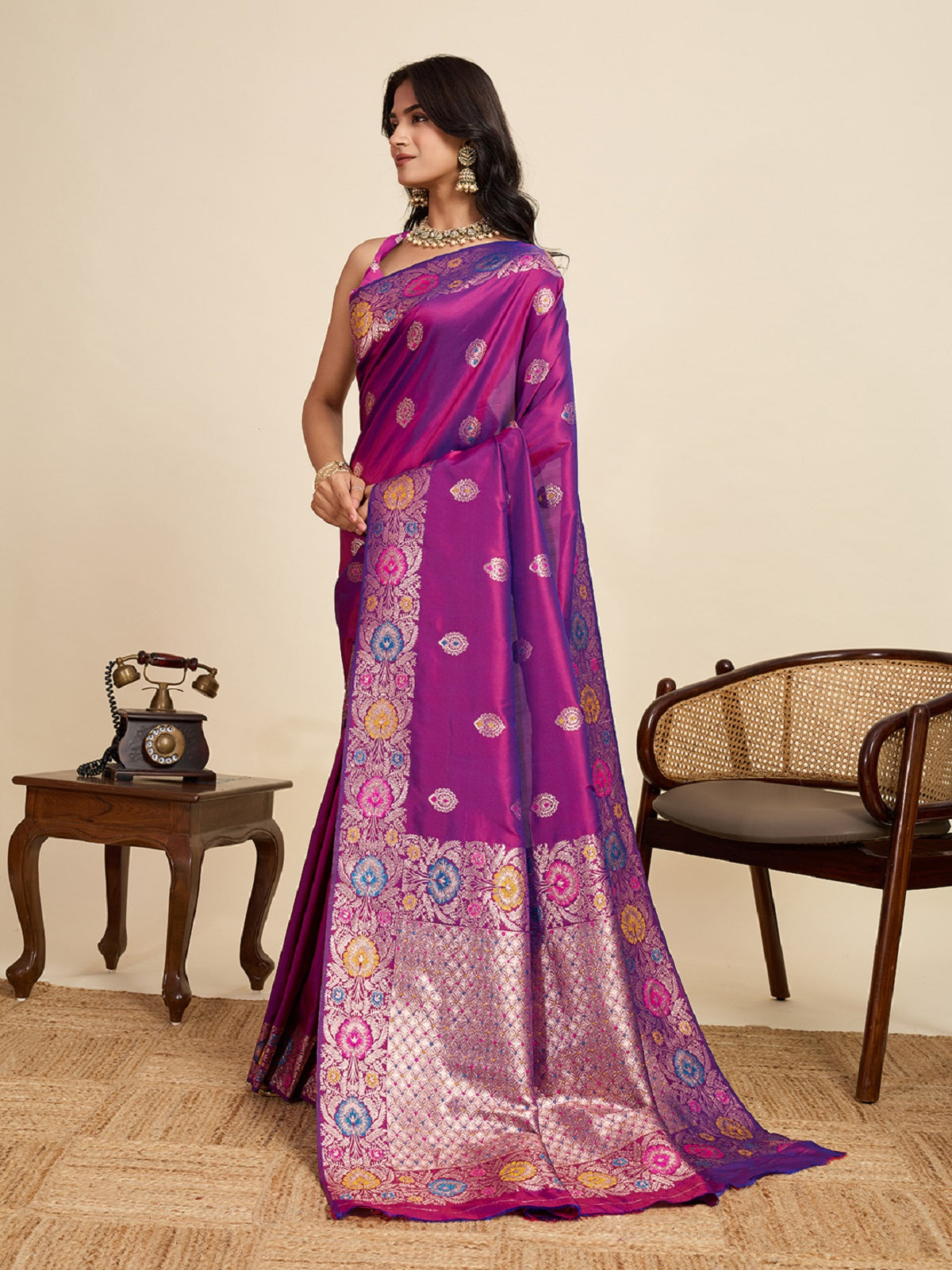 Deep Purple Jacquard Saree with Golden and Silver Jari