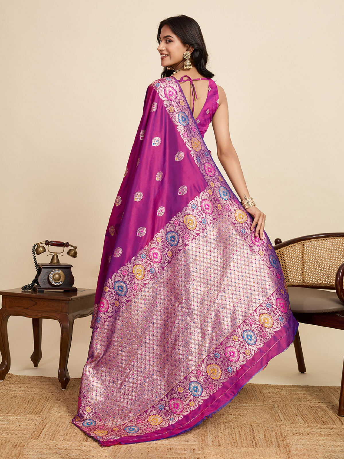 Deep Purple Jacquard Saree with Golden and Silver Jari