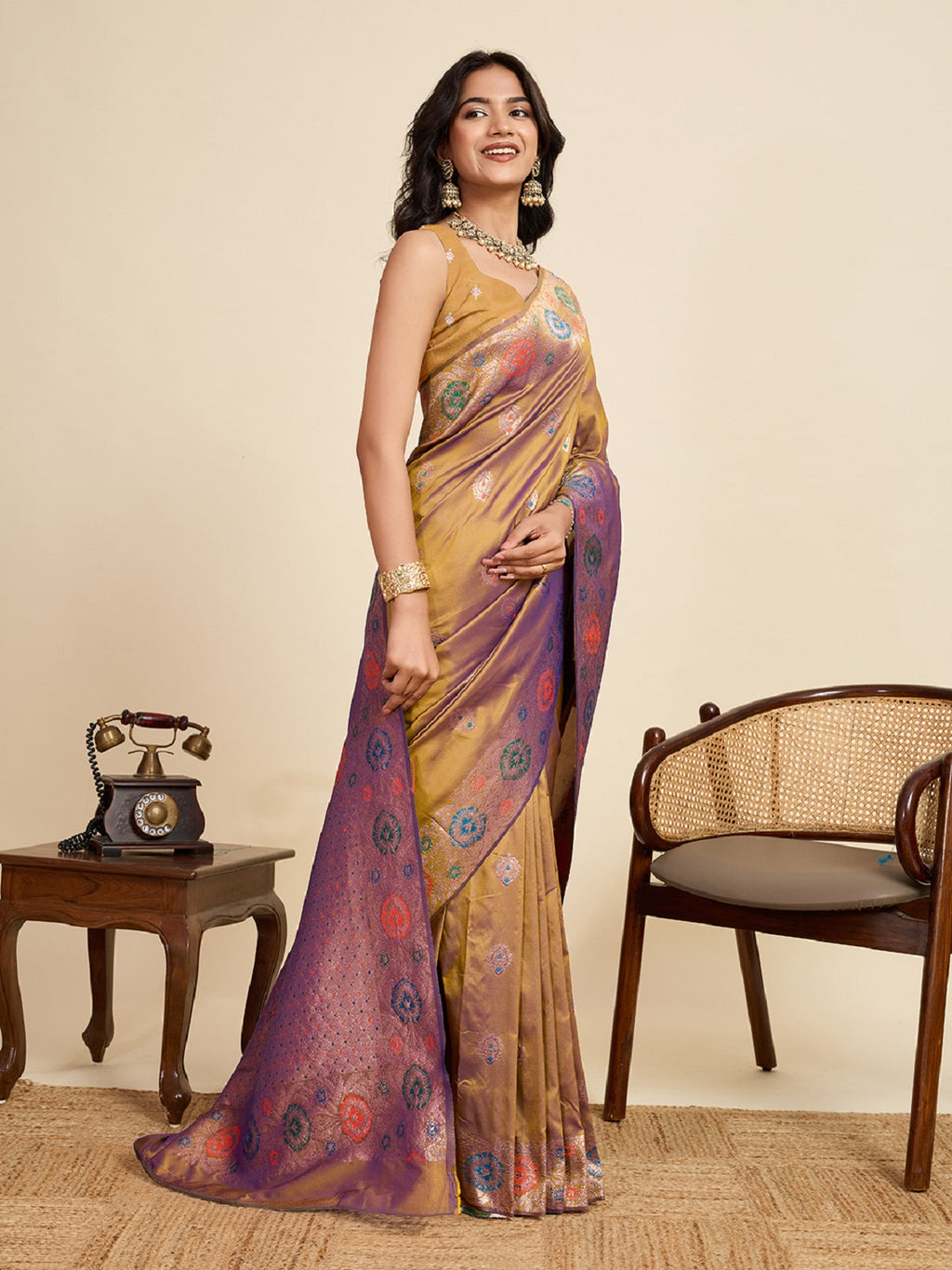 Beige Pure Jacquard Wedding Saree with Golden Silver Jari Work