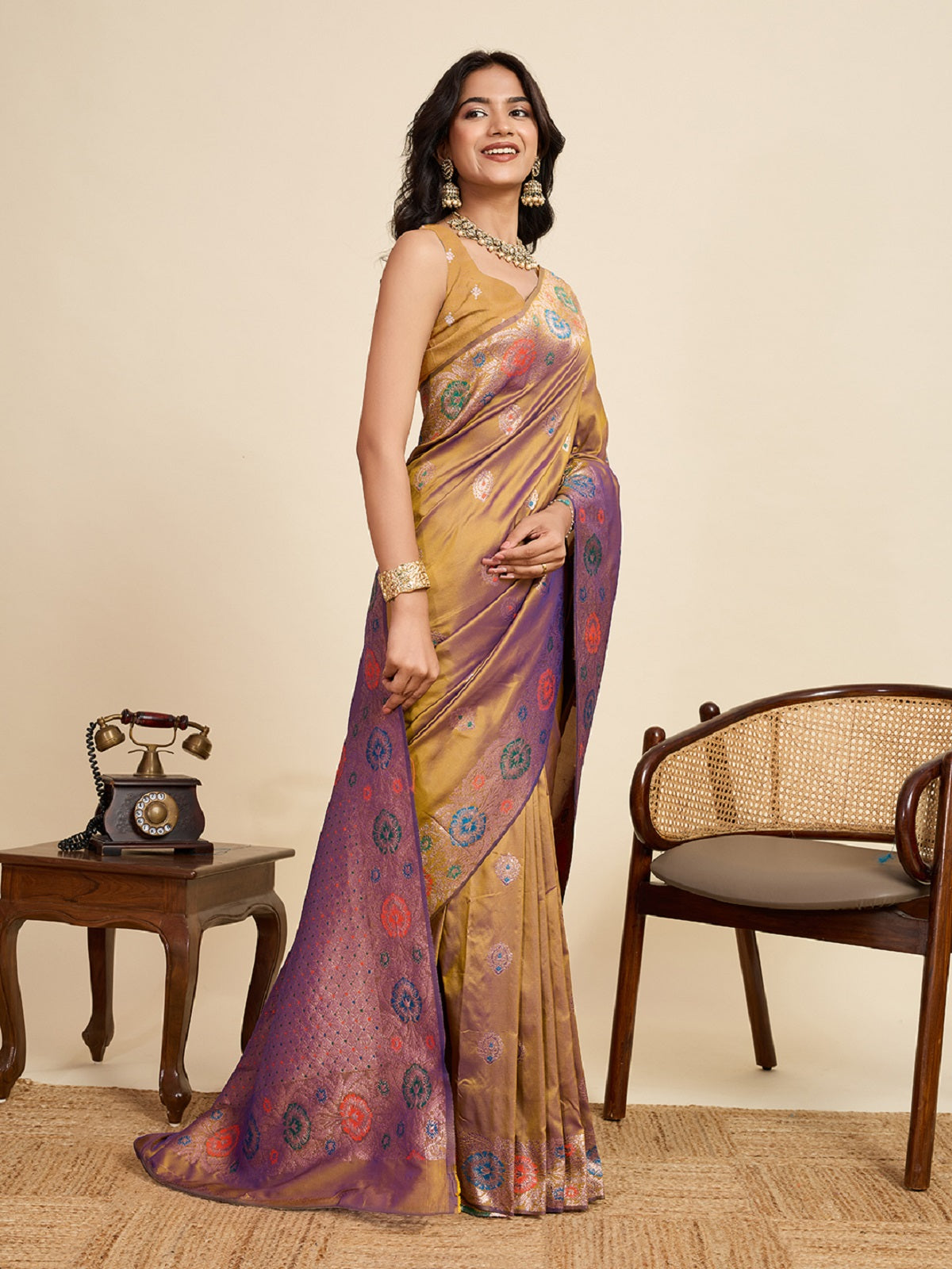 Beige Pure Jacquard Wedding Saree with Golden Silver Jari Work