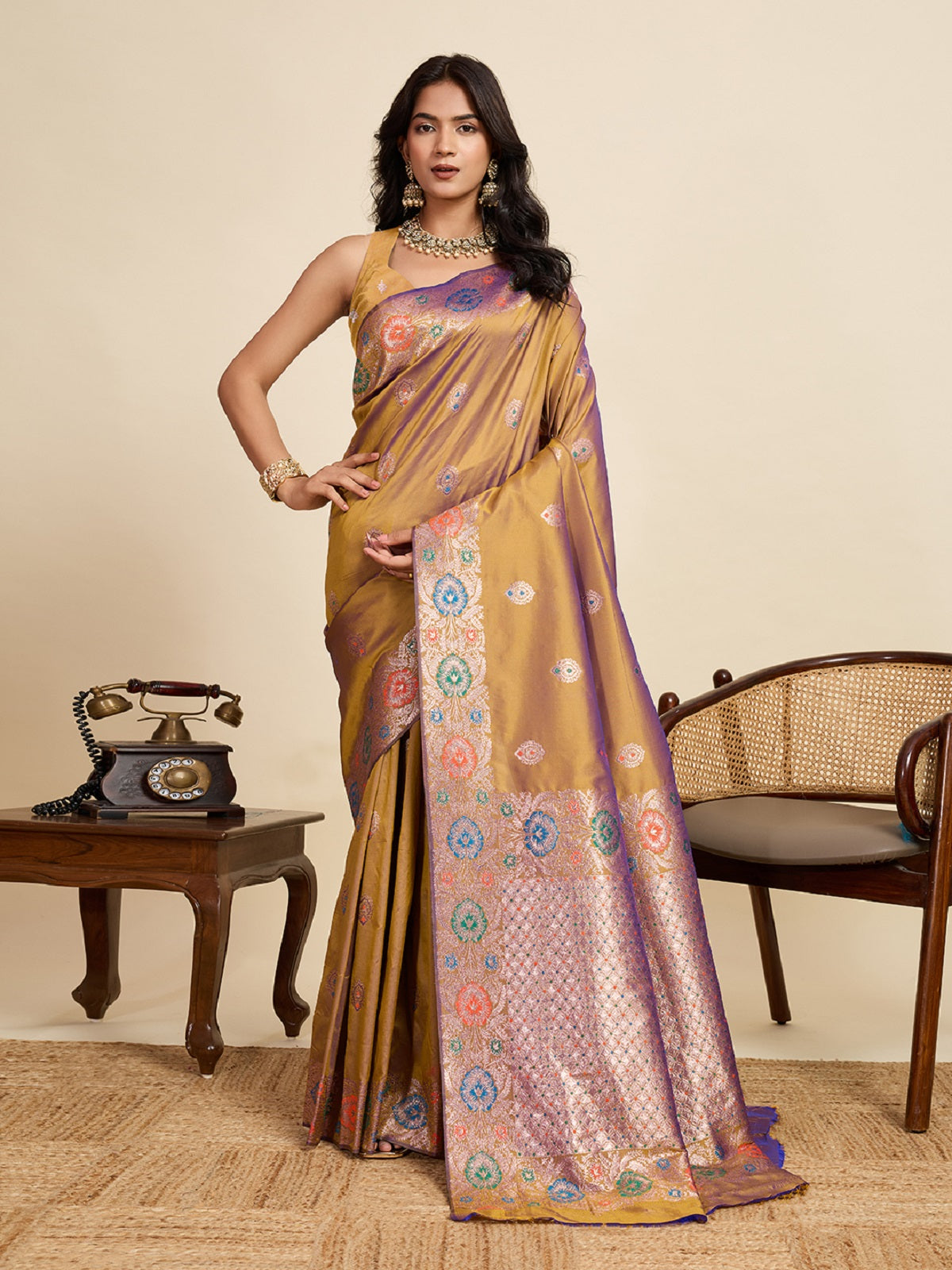 Elegant beige pure jacquard saree with golden and silver zari embroidery for wedding wear