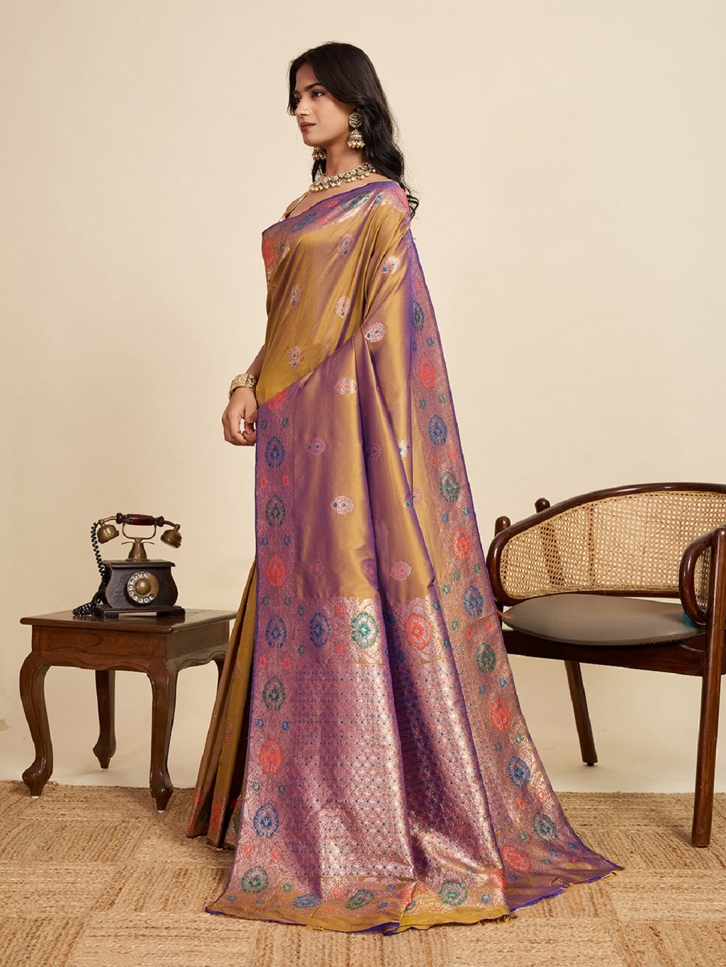Beige Pure Jacquard Wedding Saree with Golden Silver Jari Work