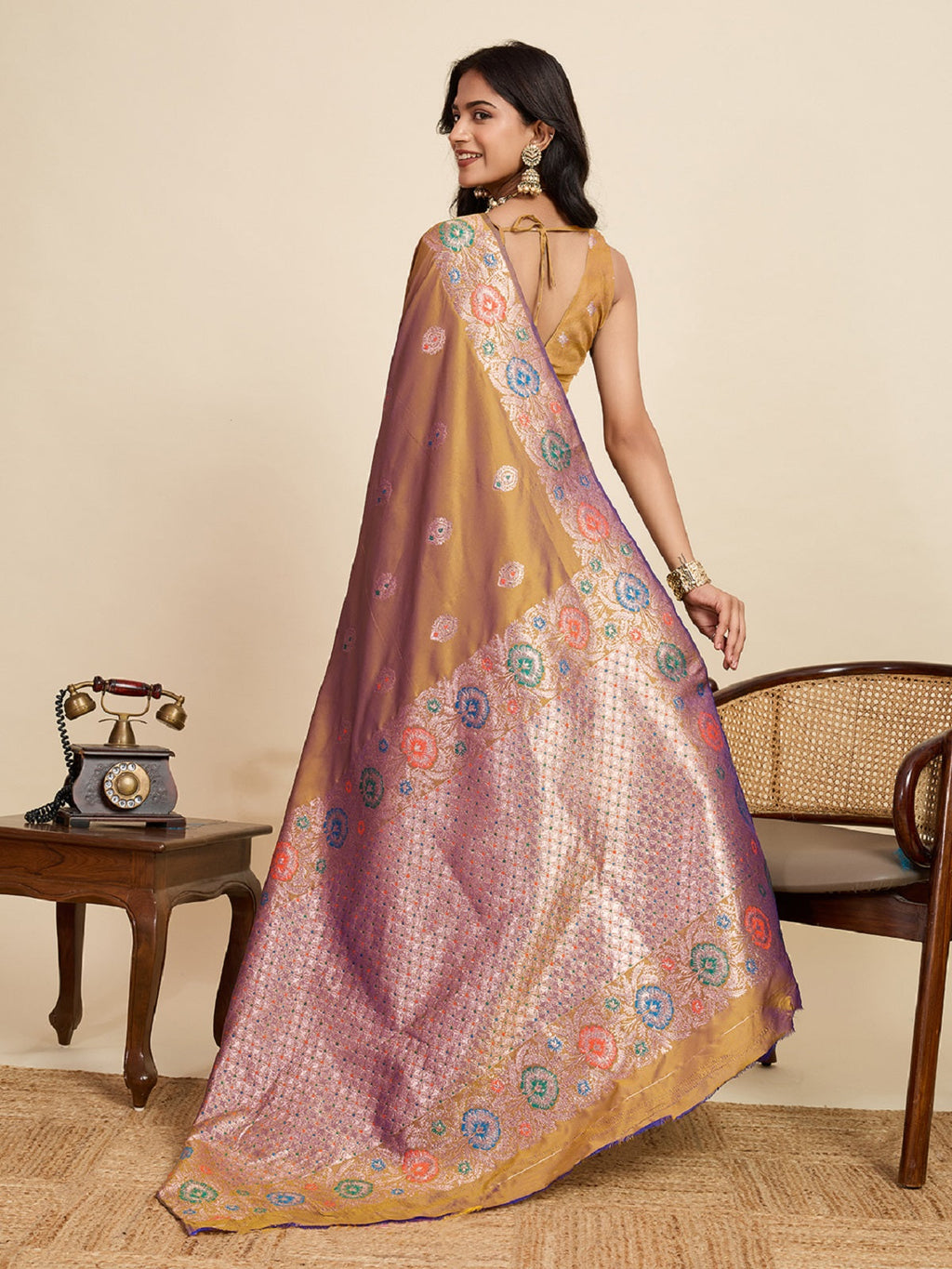 Beige Pure Jacquard Wedding Saree with Golden Silver Jari Work