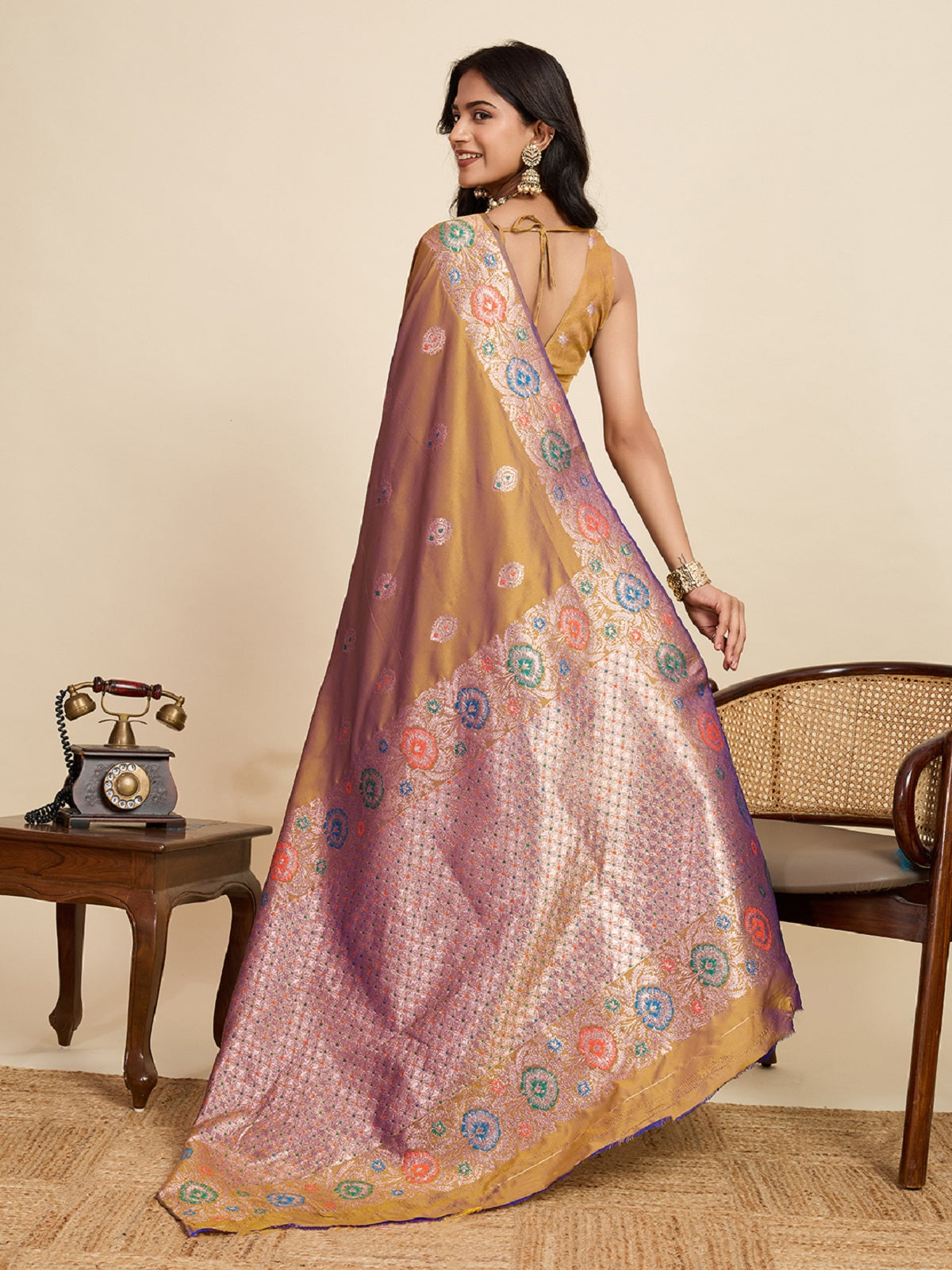 Beige Pure Jacquard Wedding Saree with Golden Silver Jari Work