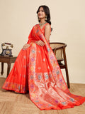 Red Jacquard Wedding Saree with Golden and Silver Jari Weaving - front view