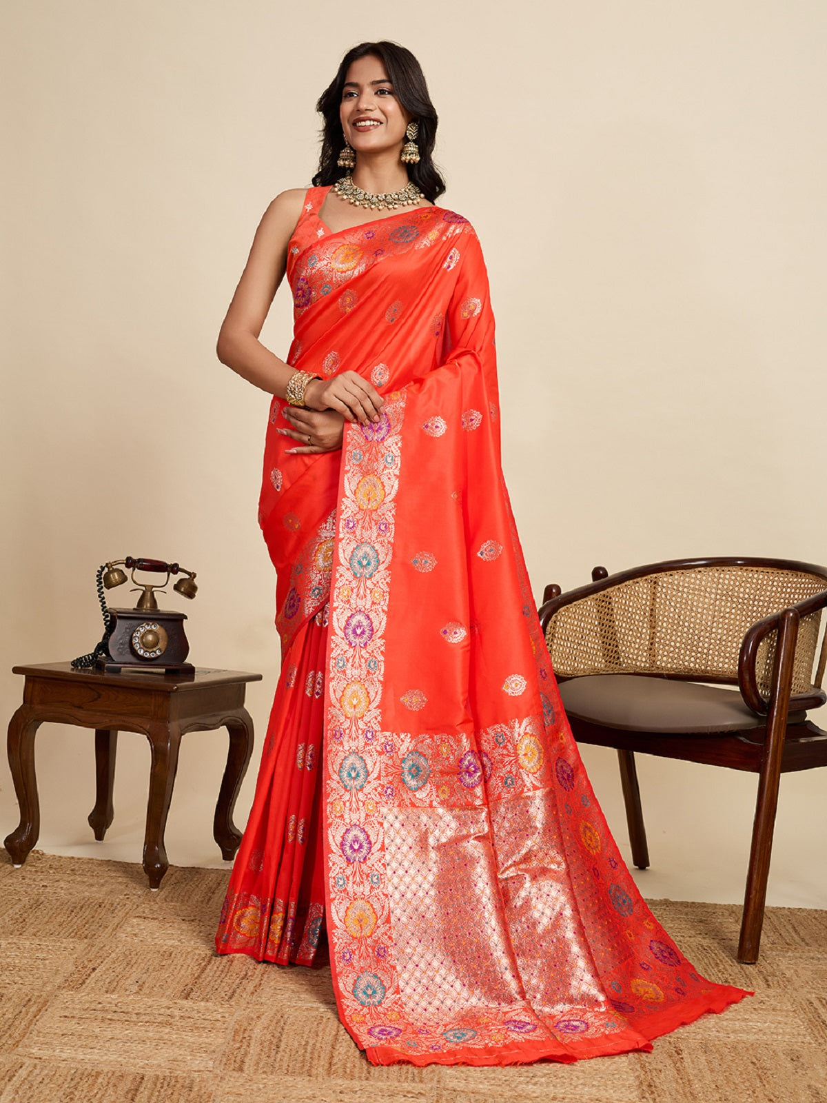 Red pure jacquard wedding saree with intricate golden and silver jari weaving