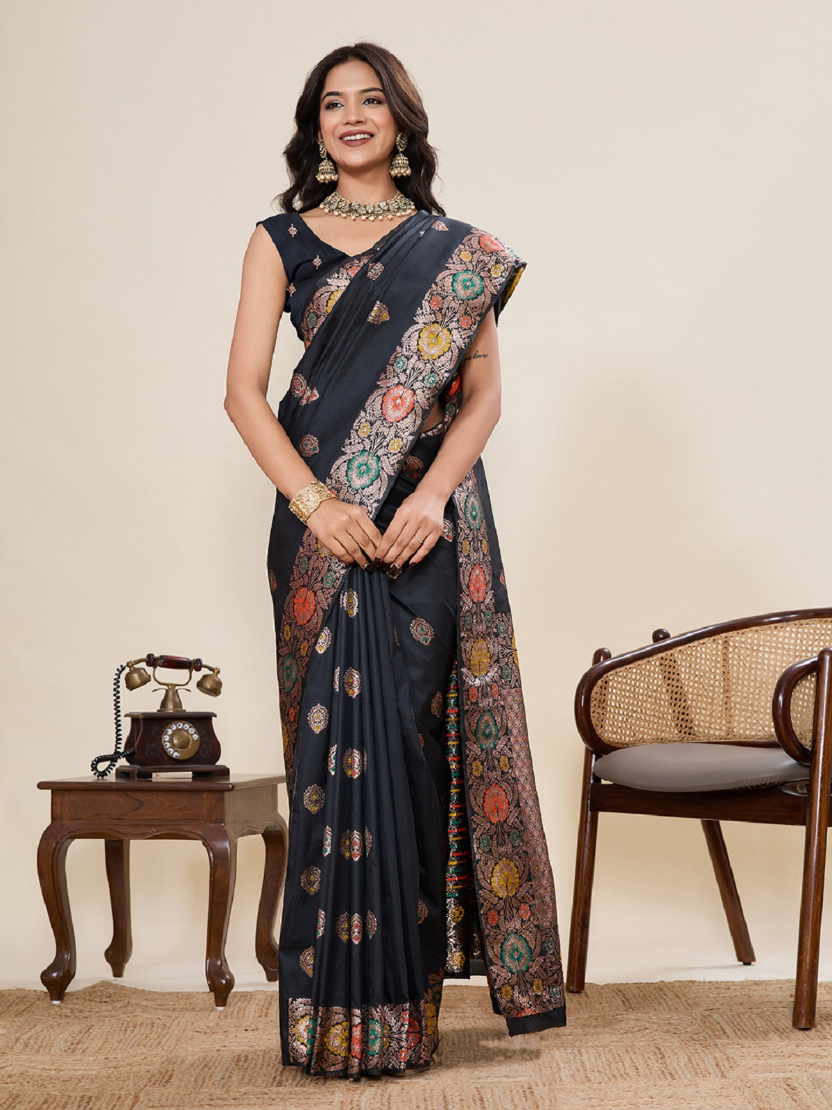 Black Jacquard Wedding Saree with Golden & Silver Jari Work