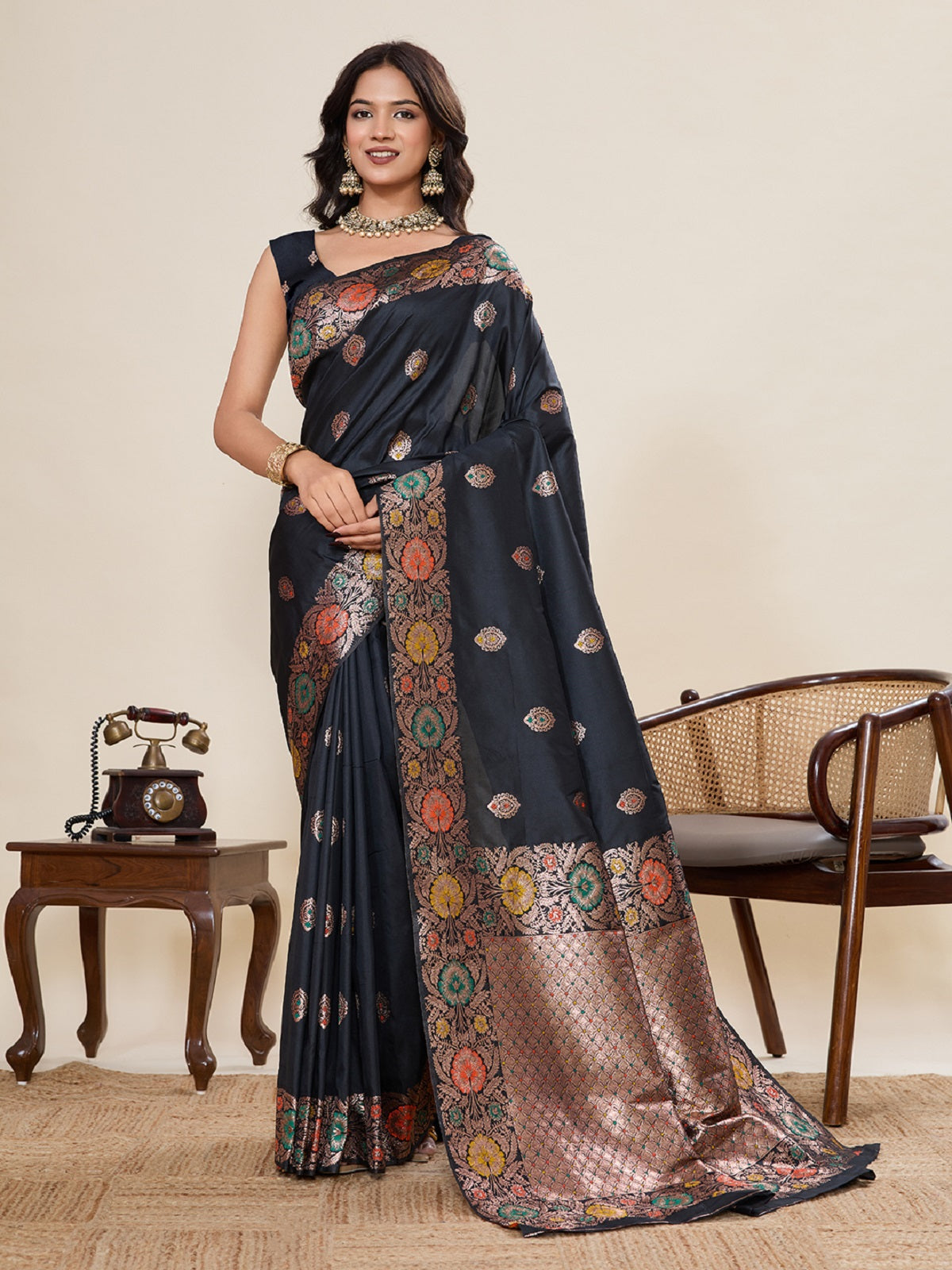 Black jacquard wedding saree with golden and silver jari weaving