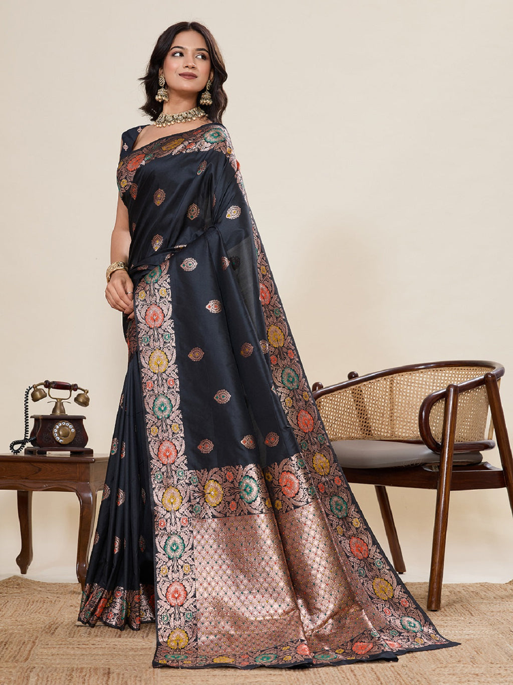 Black Jacquard Wedding Saree with Golden & Silver Jari Work