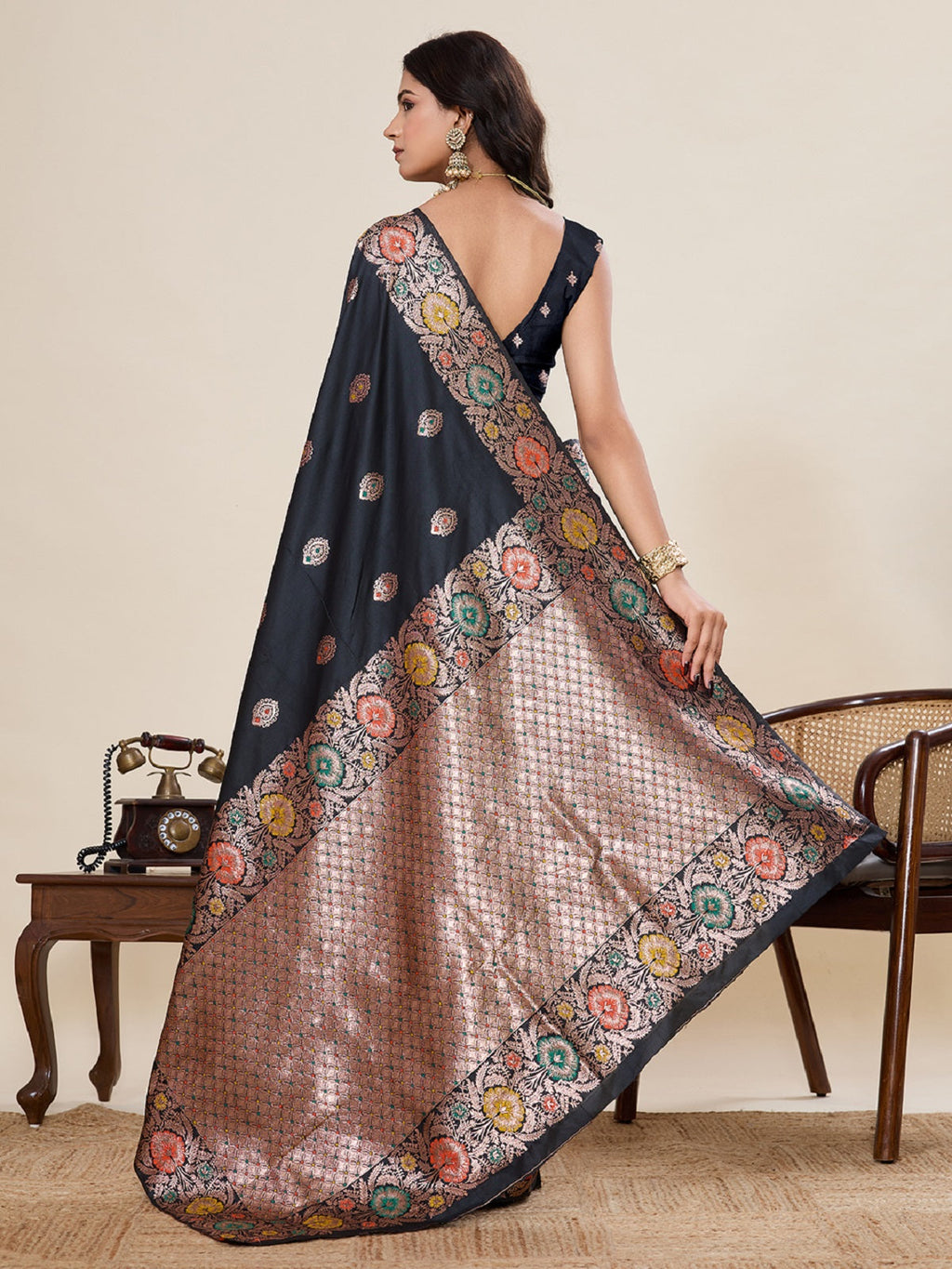Black Jacquard Wedding Saree with Golden & Silver Jari Work