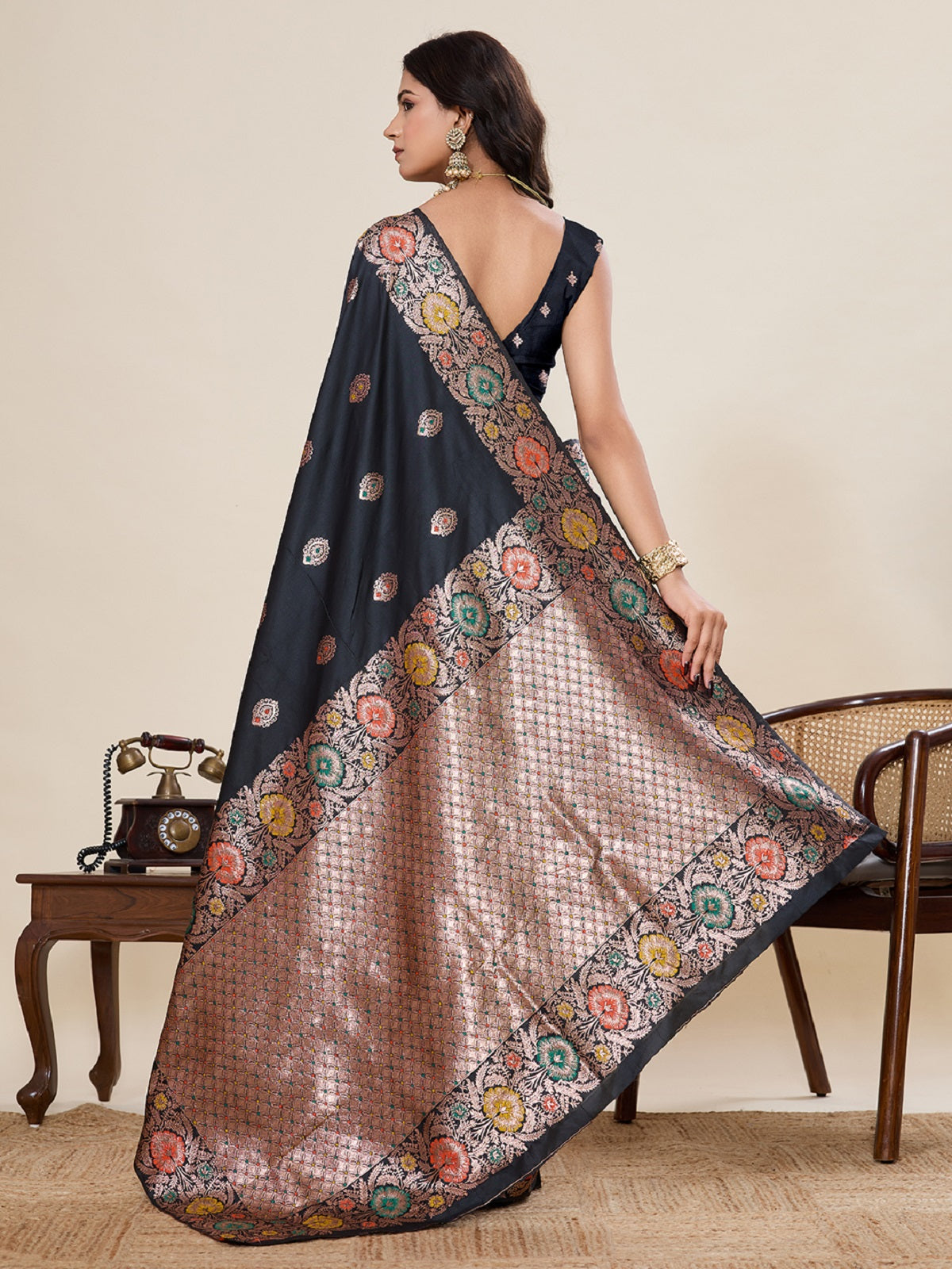 Black Jacquard Wedding Saree with Golden & Silver Jari Work