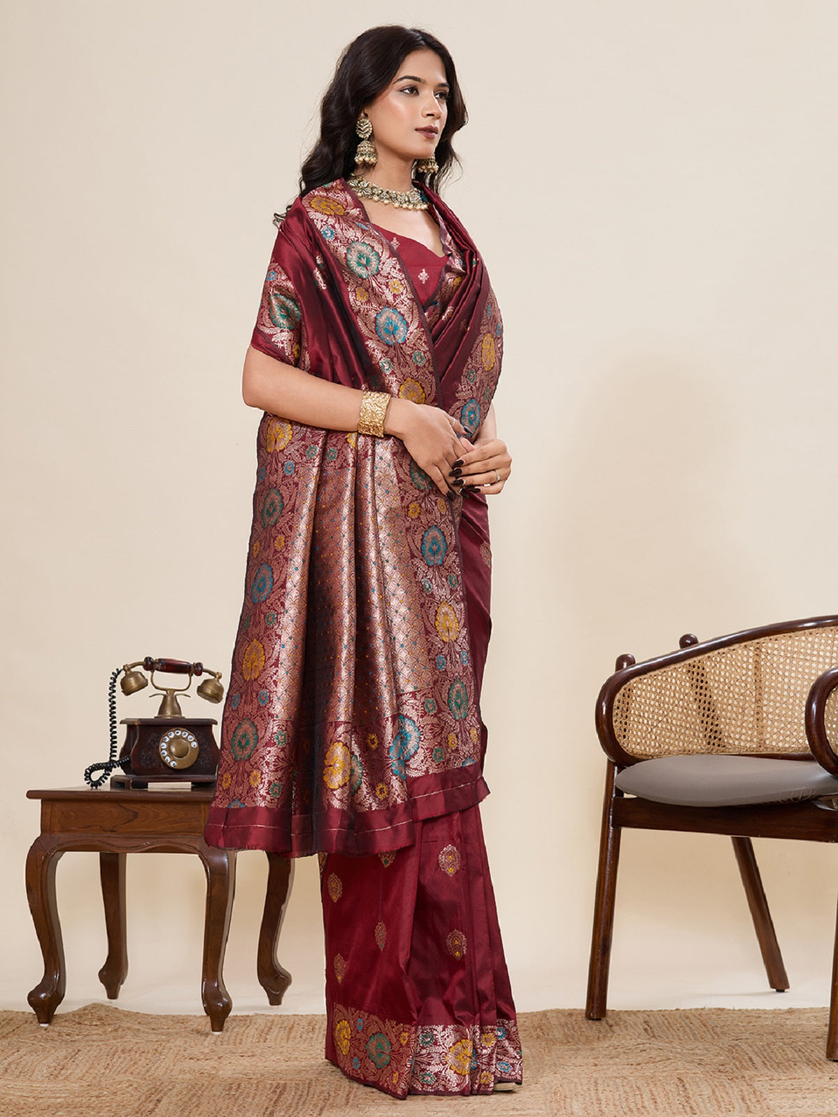 Deep Maroon Pure Jacquard Wedding Saree with Jari Weaving