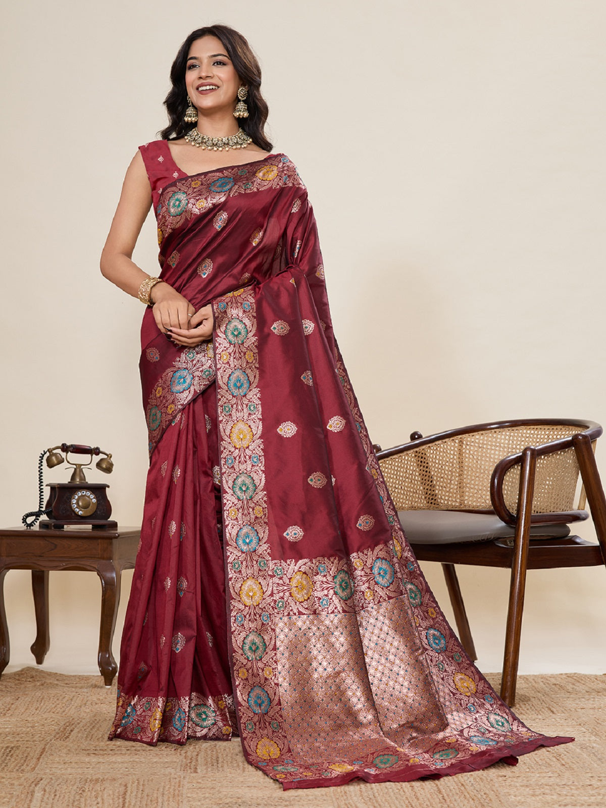 Deep maroon wedding wear saree in pure jacquard with golden and silver jari weaving