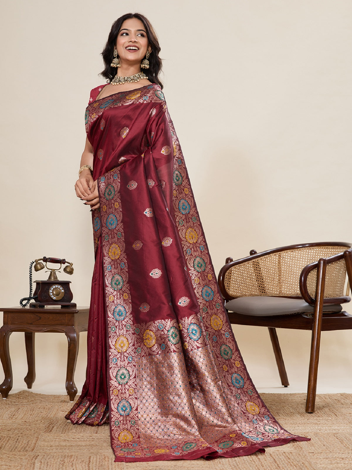 Deep Maroon Pure Jacquard Wedding Saree with Jari Weaving