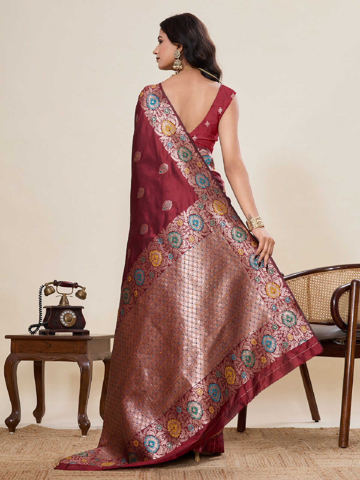 Deep Maroon Pure Jacquard Wedding Saree with Jari Weaving