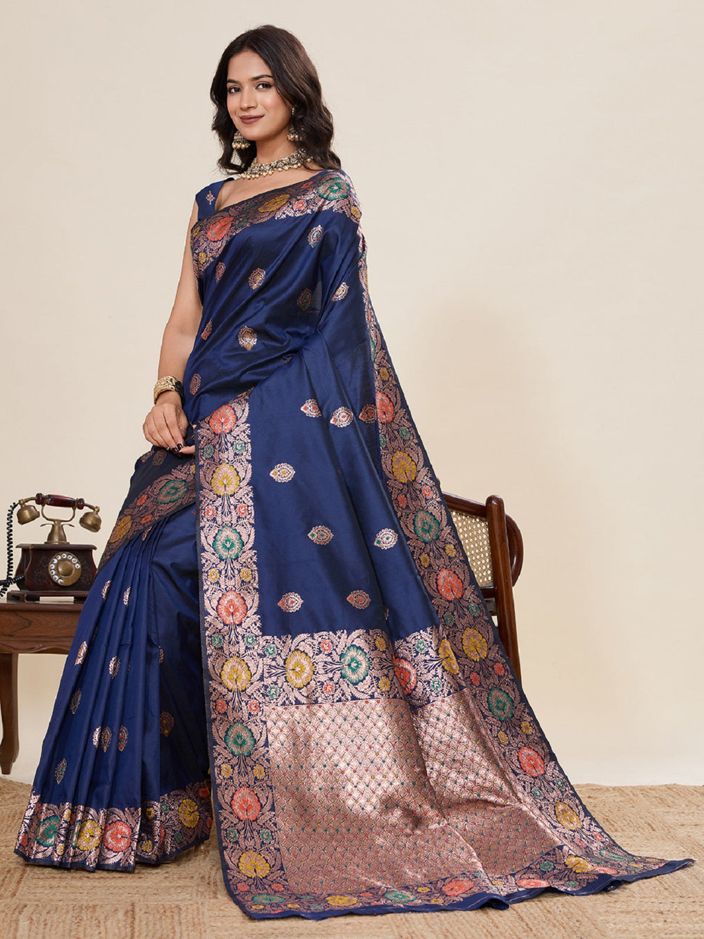 Deep Navy Blue Pure Jacquard Wedding Saree with Golden Silver Jari