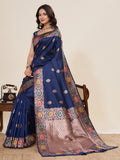Deep Navy Blue Pure Jacquard Wedding Saree with Golden Silver Jari