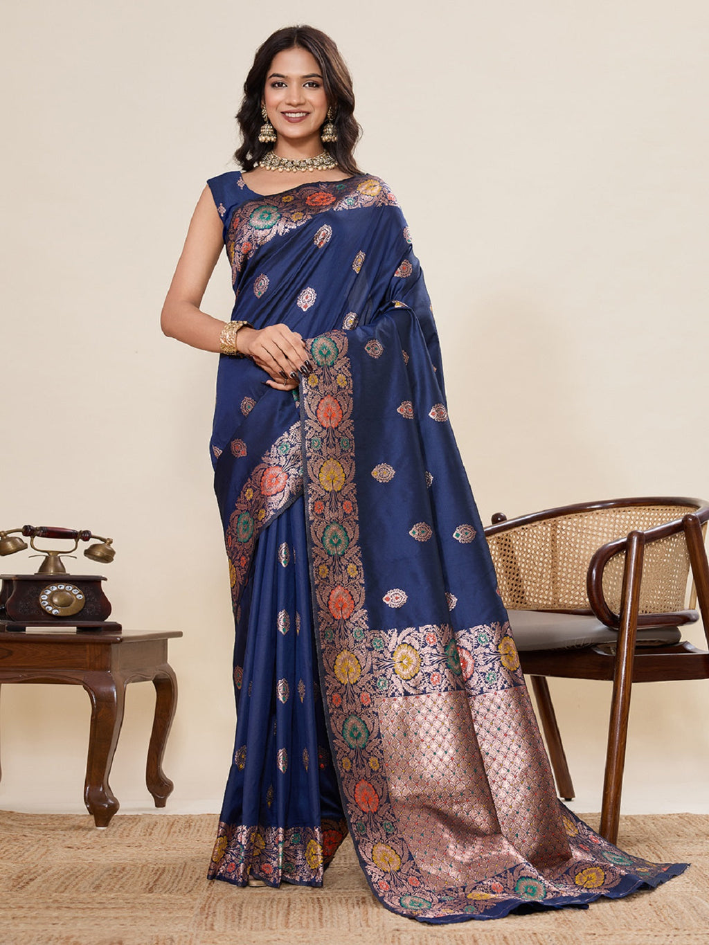 Deep navy blue pure jacquard saree with golden and silver jari weaving and unstitched blouse