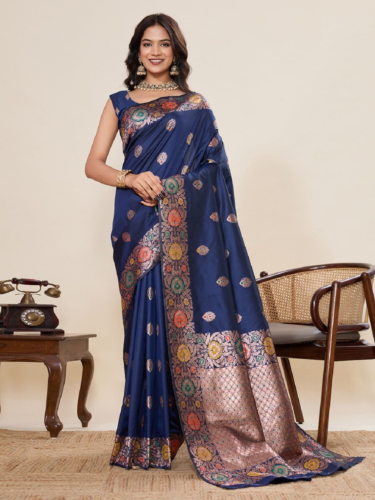 Deep navy blue pure jacquard saree with golden and silver jari weaving and unstitched blouse