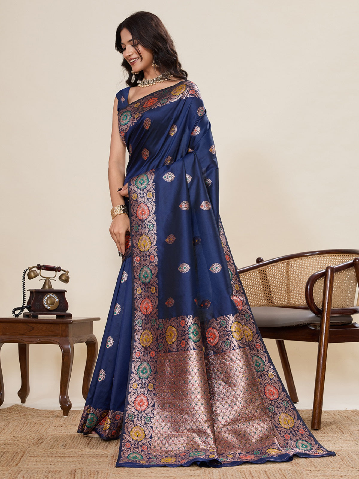 Deep Navy Blue Pure Jacquard Wedding Saree with Golden Silver Jari